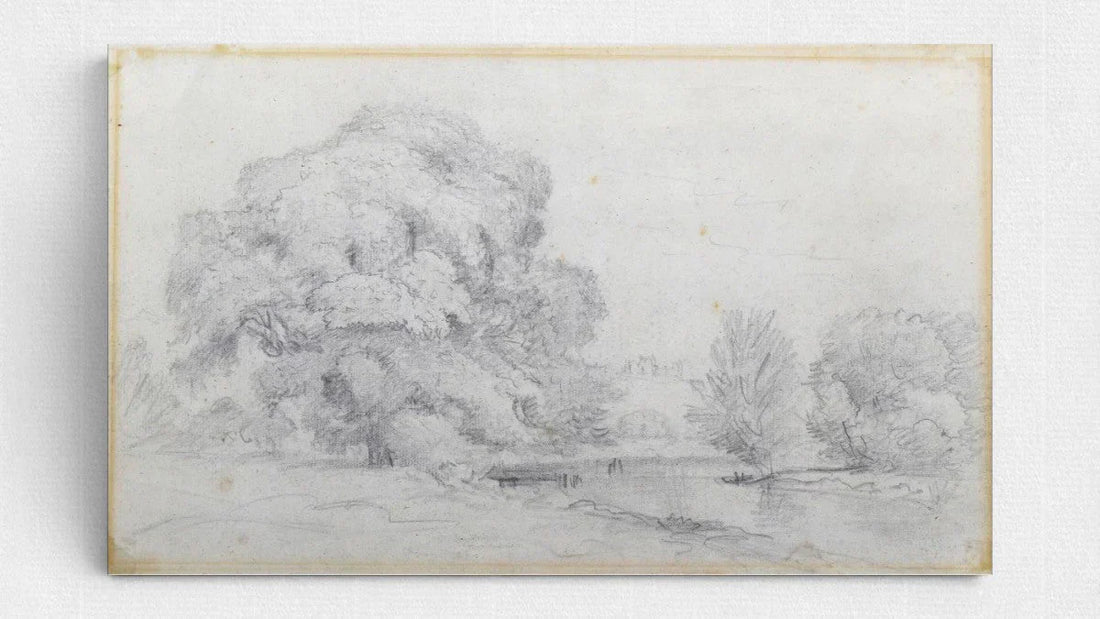 Original pencil landscape study by John Constable showing trees and a riverside scene at Lower Wookey Mill