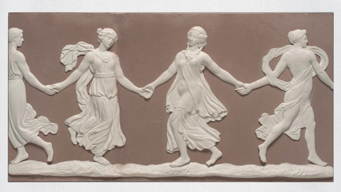 Wedgwood Dancing Hours jasperware plaque, neoclassical relief with four dancing female figures inspired by ancient Greek sculpture, white relief on terracotta ground.