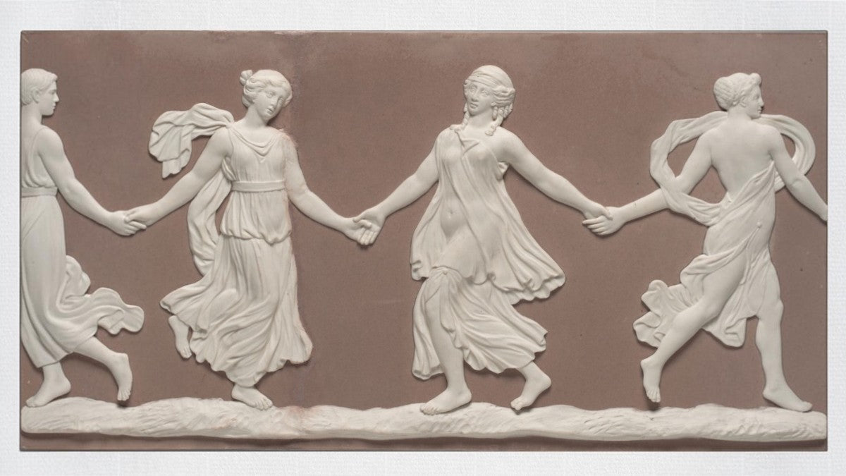 Wedgwood Dancing Hours jasperware plaque, neoclassical relief with four dancing female figures inspired by ancient Greek sculpture, white relief on terracotta ground.