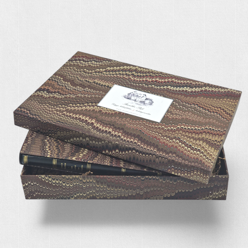 Presentation box for The Castle of Otranto fine press edition, covered in hand-marbled paper and containing the hand-bound volume.