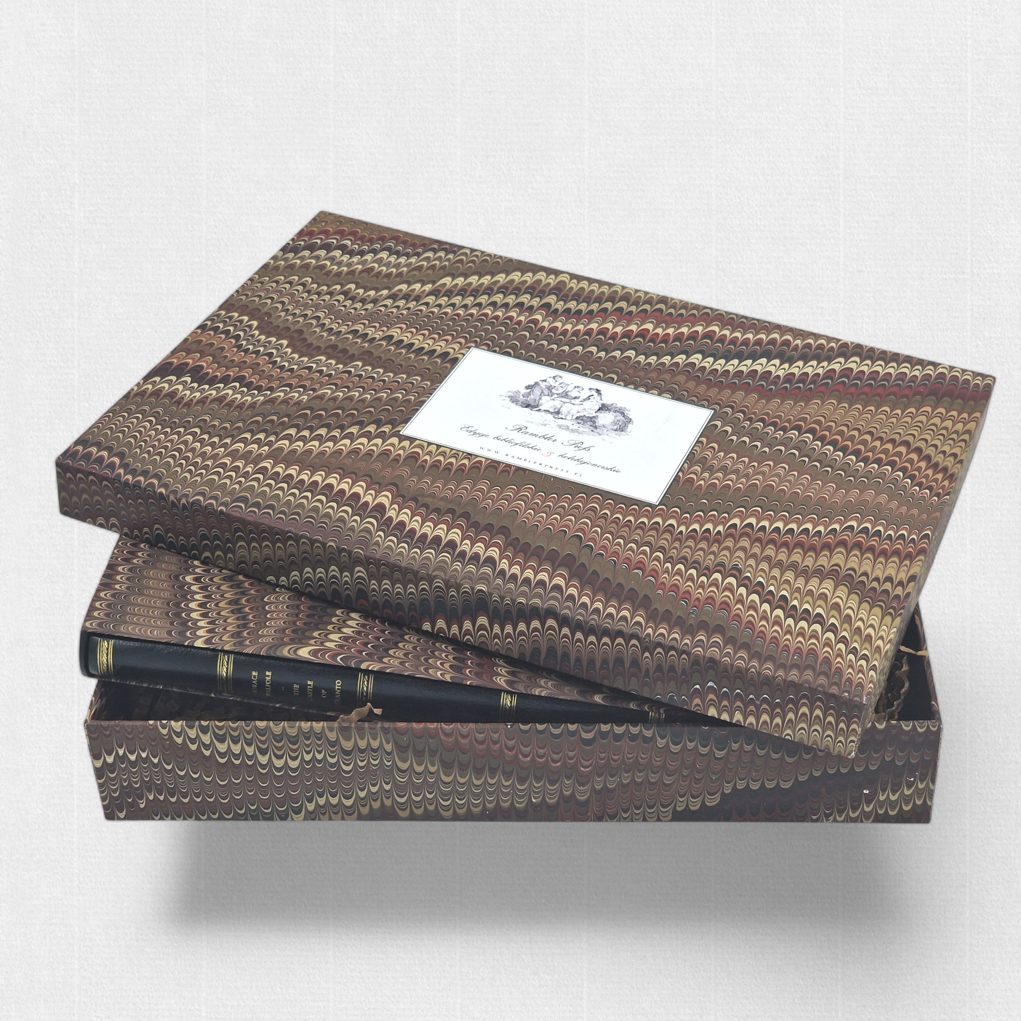 Presentation box for The Castle of Otranto fine press edition, covered in hand-marbled paper and containing the hand-bound volume.