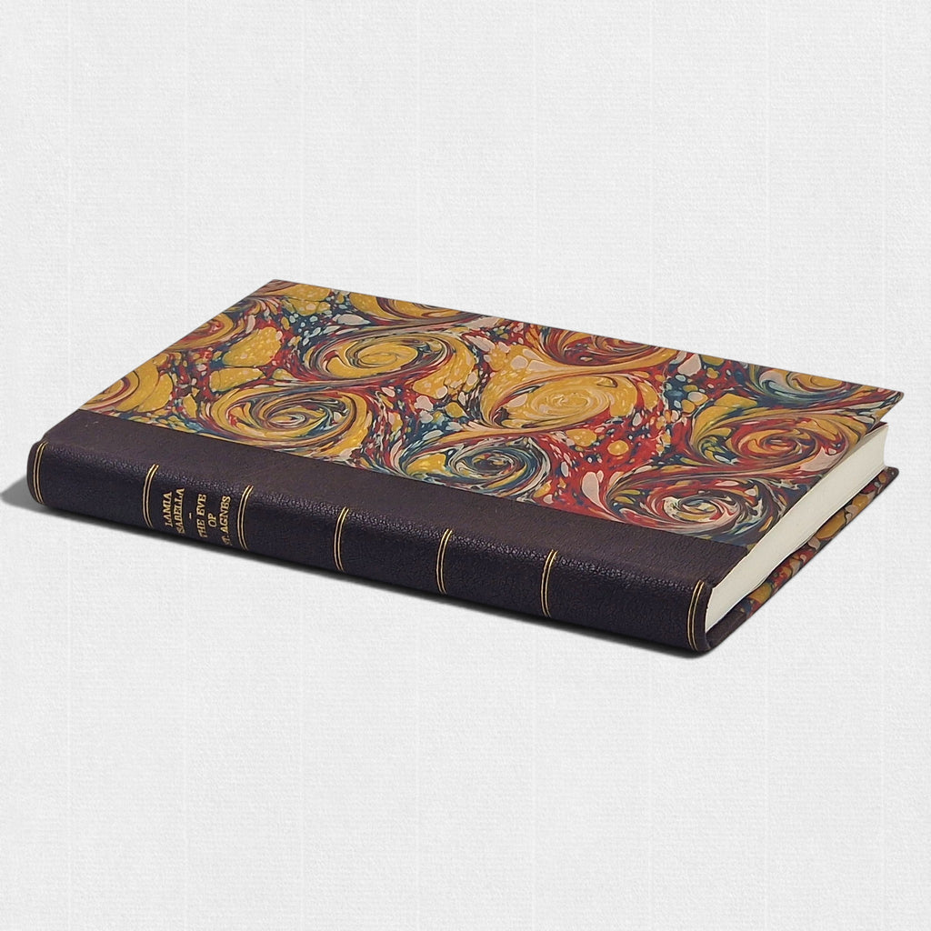 Cover of John Keats Selected Poems fine press edition showing hand-marbled boards, leather spine and gilt decoration