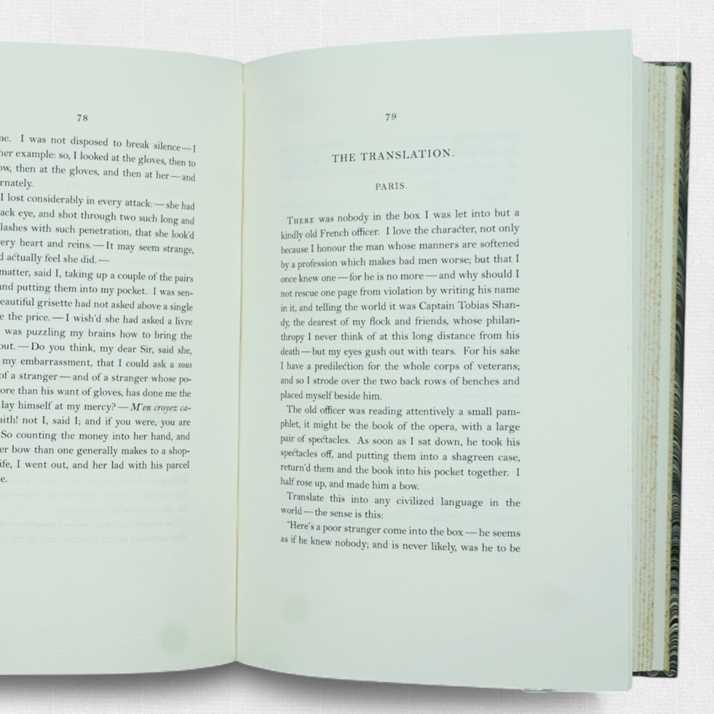 Interior spread of A Sentimental Journey Through France and Italy, printed by Woodbank Press on Century Laid cotton paper.