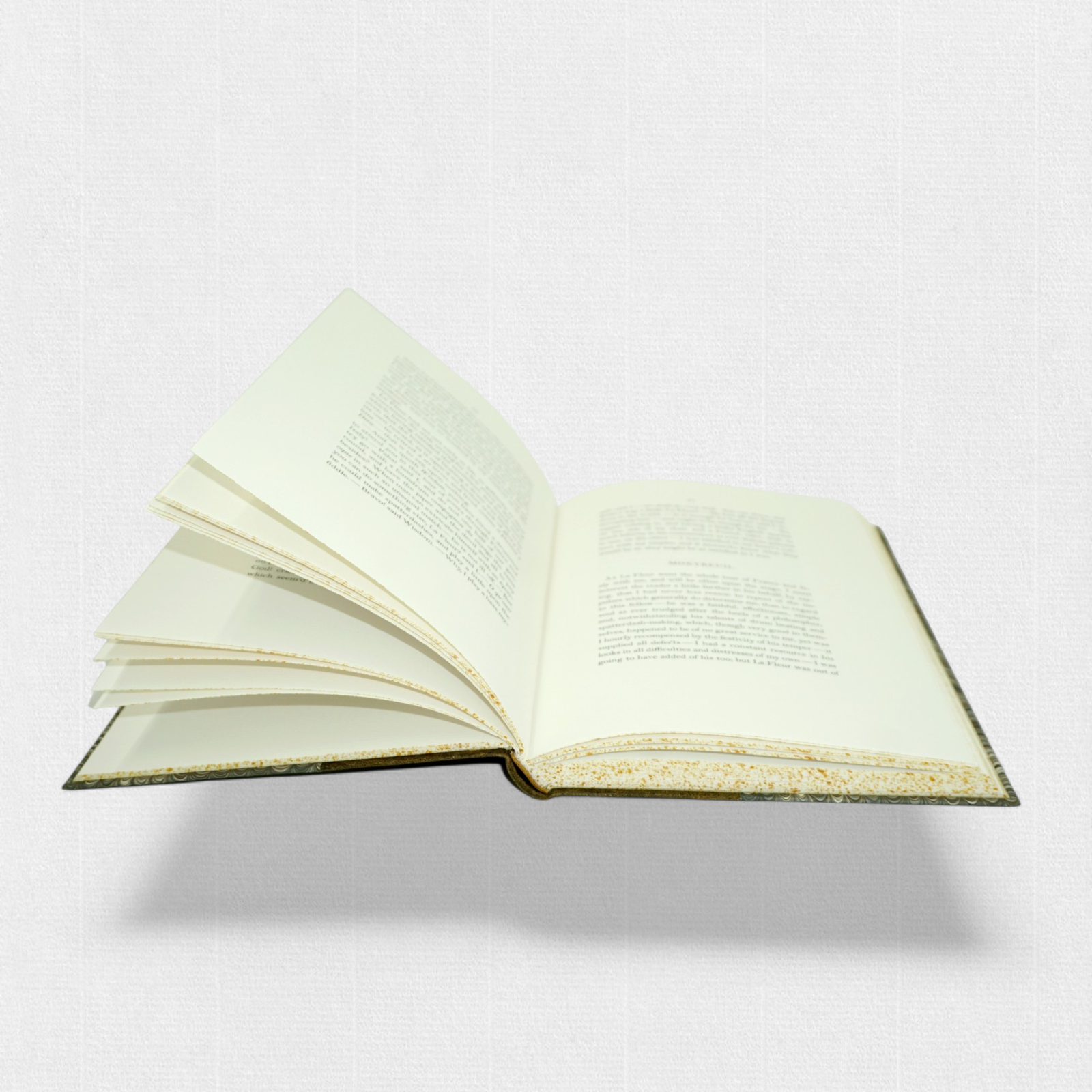 Open Woodbank Press edition of Laurence Sterne’s A Sentimental Journey, showing typography, page proportions, and speckled edges.