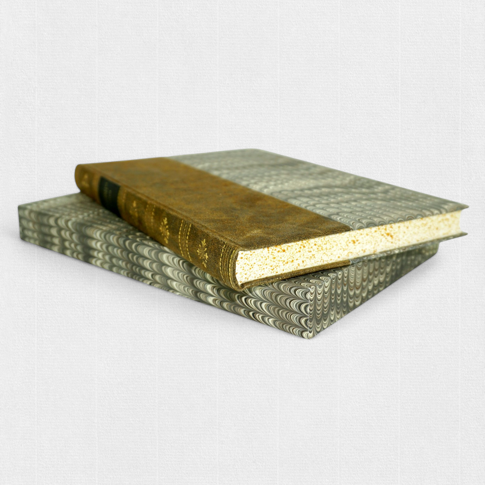 Woodbank Press fine press edition of A Sentimental Journey resting on its marbled slipcase, showing decorated edges and leather spine.