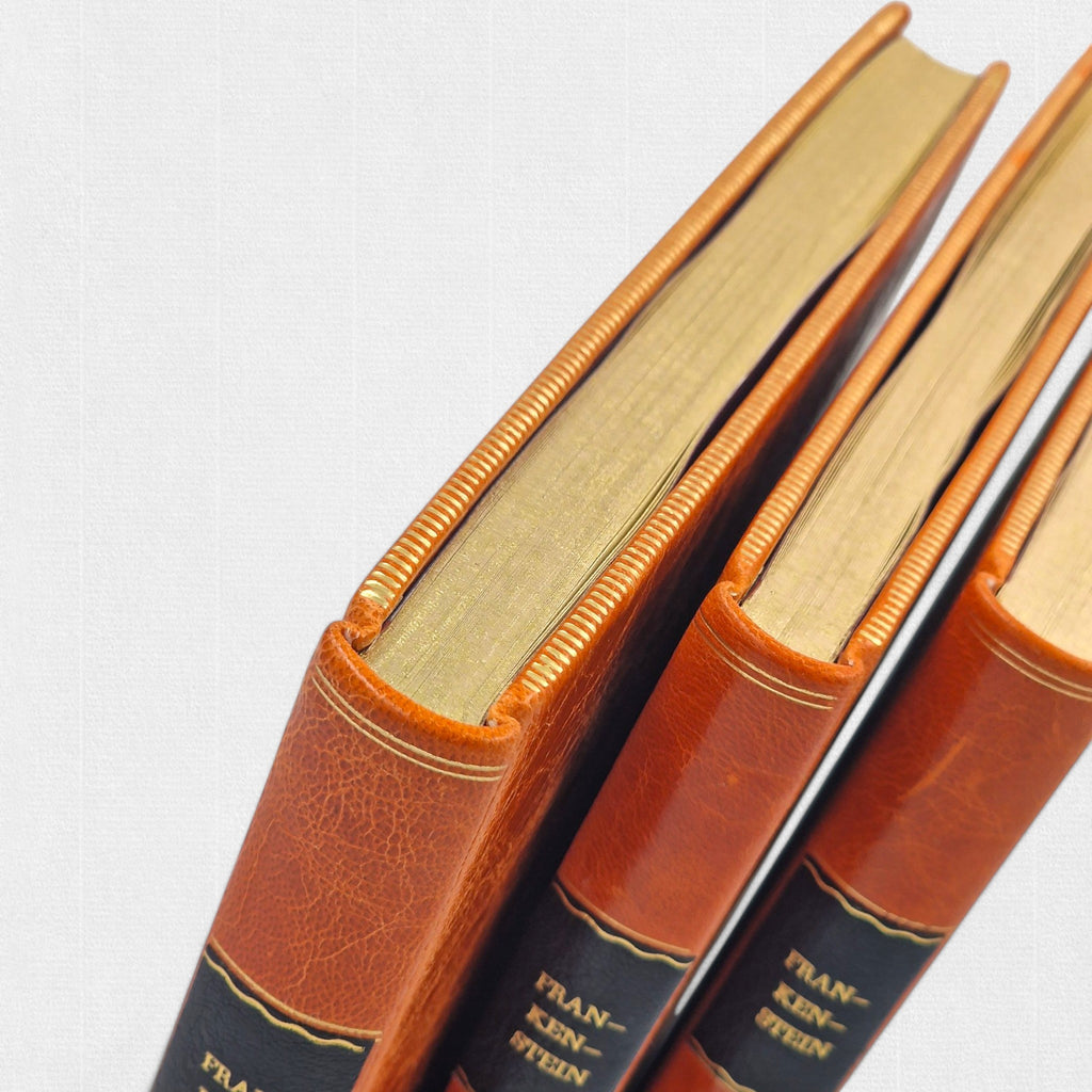 Detail of gilt page edges and hand-bound leather spine of the fine press Frankenstein edition.