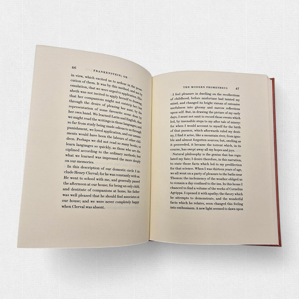 Interior pages of the fine press Frankenstein edition set in Brunel Text type.