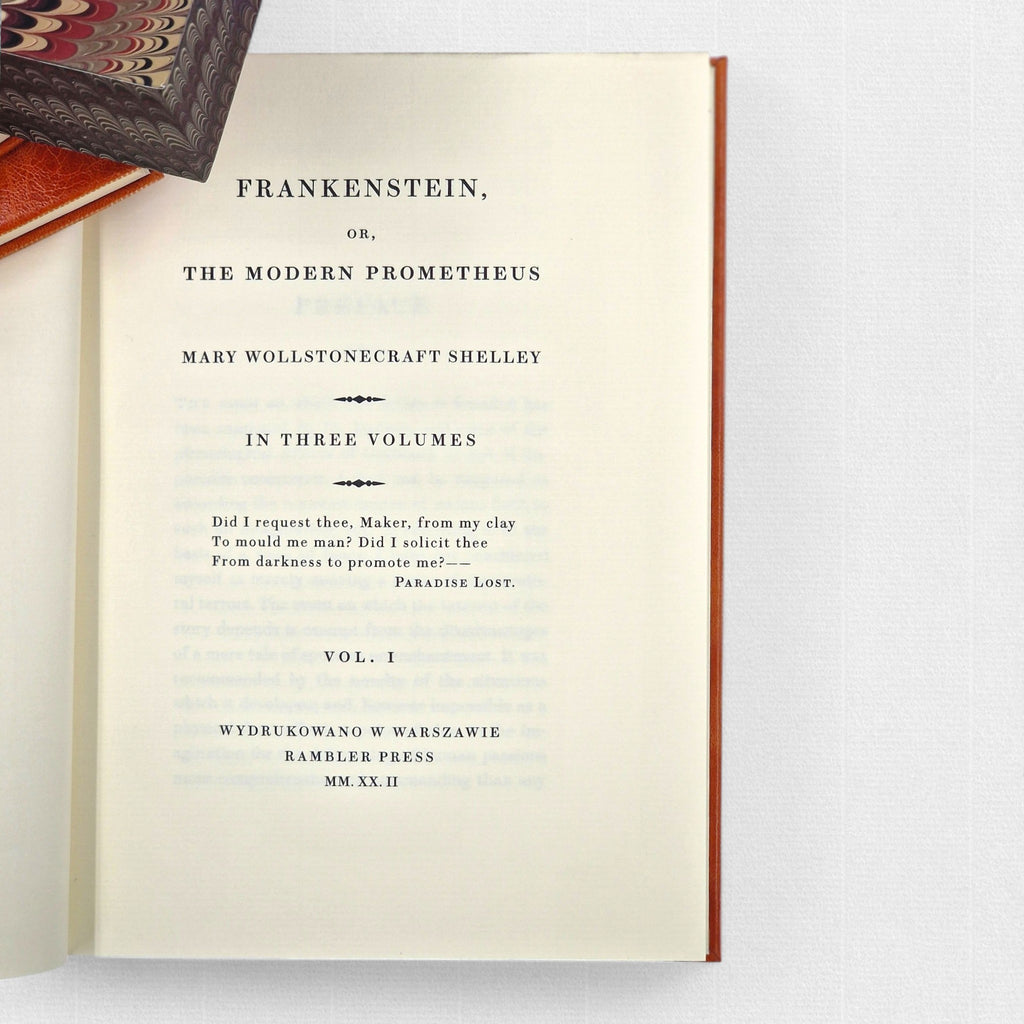 Title page of Frankenstein; or, The Modern Prometheus printed by Woodbank Press in three volumes.