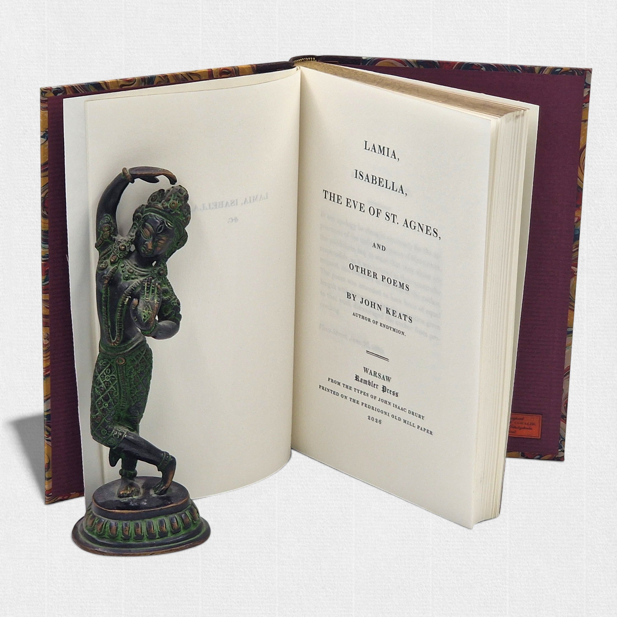 Title page of John Keats Selected Poems fine press edition by Woodbank Press showing Brunel Text Roman No. 2 typography and hand-bound interior
