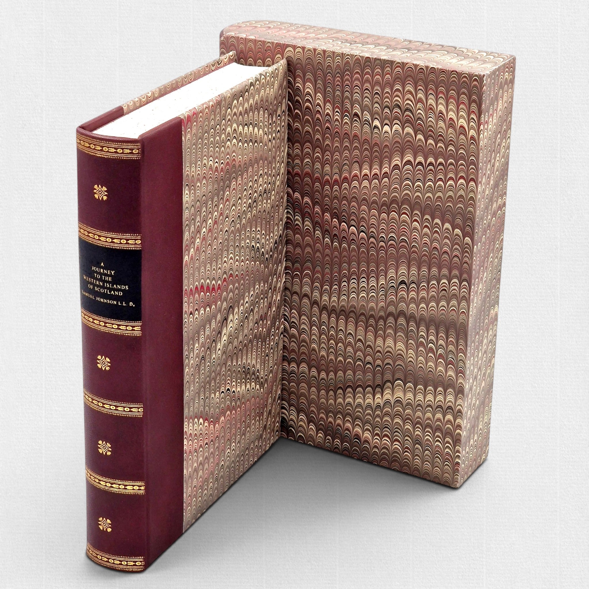 Samuel Johnson A Journey to the Western Islands of Scotland fine press edition by Woodbank Press, hand-bound leather binding with marbled boards, gilt-lettered spine and matching slipcase, limited edition of 25 copies.