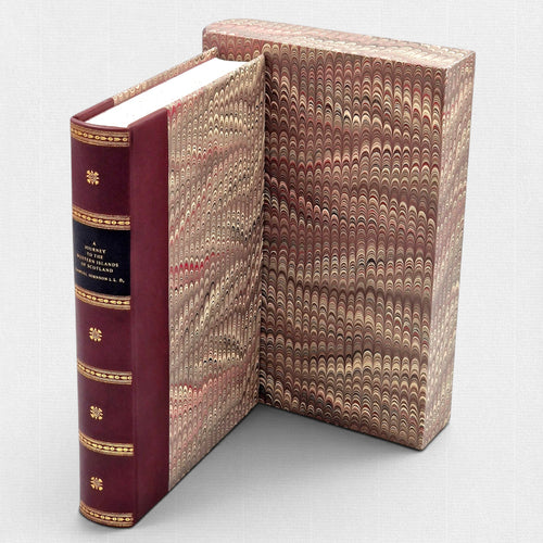 Samuel Johnson A Journey to the Western Islands of Scotland fine press edition by Woodbank Press, hand-bound leather binding with marbled boards, gilt-lettered spine and matching slipcase, limited edition of 25 copies.