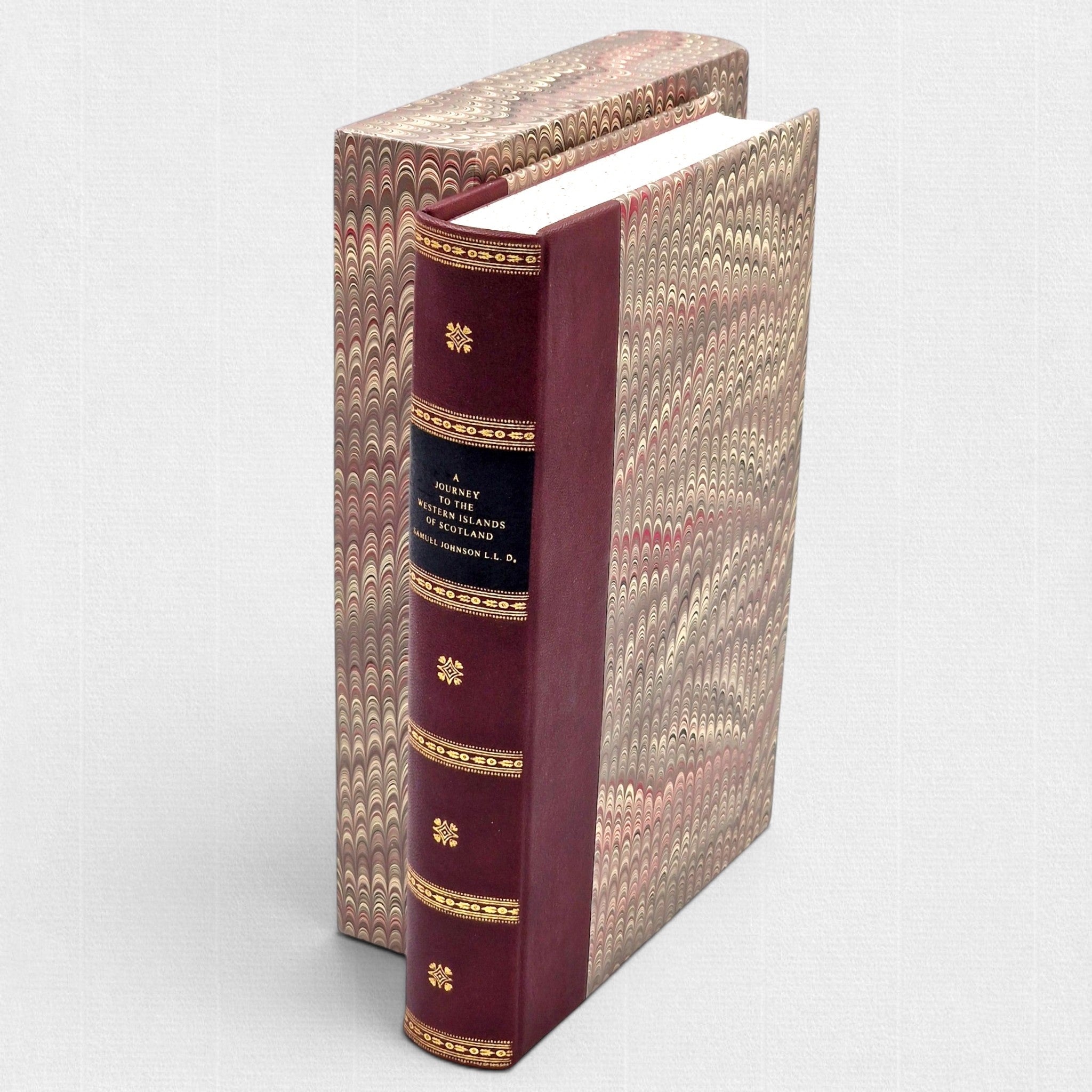 Samuel Johnson A Journey to the Western Islands of Scotland limited fine press edition by Woodbank Press with leather binding, marbled boards, gilt spine, and handcrafted slipcase.