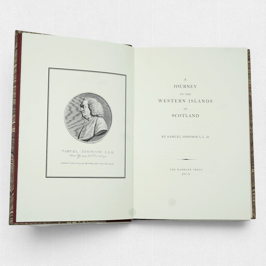 Samuel Johnson A Journey to the Western Islands of Scotland fine press edition by Woodbank Press, showing the engraved portrait frontispiece, title page, and traditional private press typography.