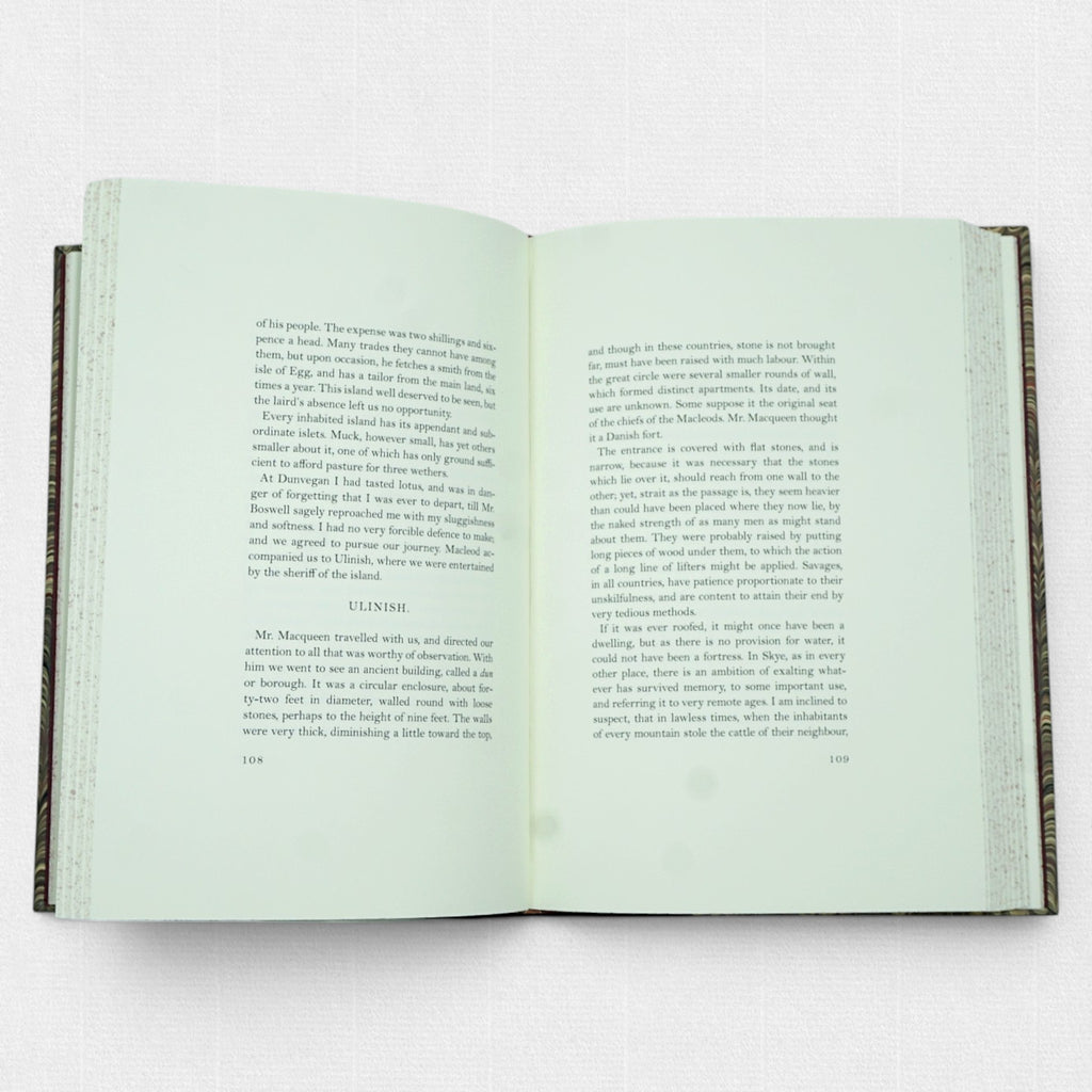 Samuel Johnson A Journey to the Western Islands of Scotland fine press edition by Woodbank Press, showing Monotype Bell typography, wide margins, and traditional private press page layout.