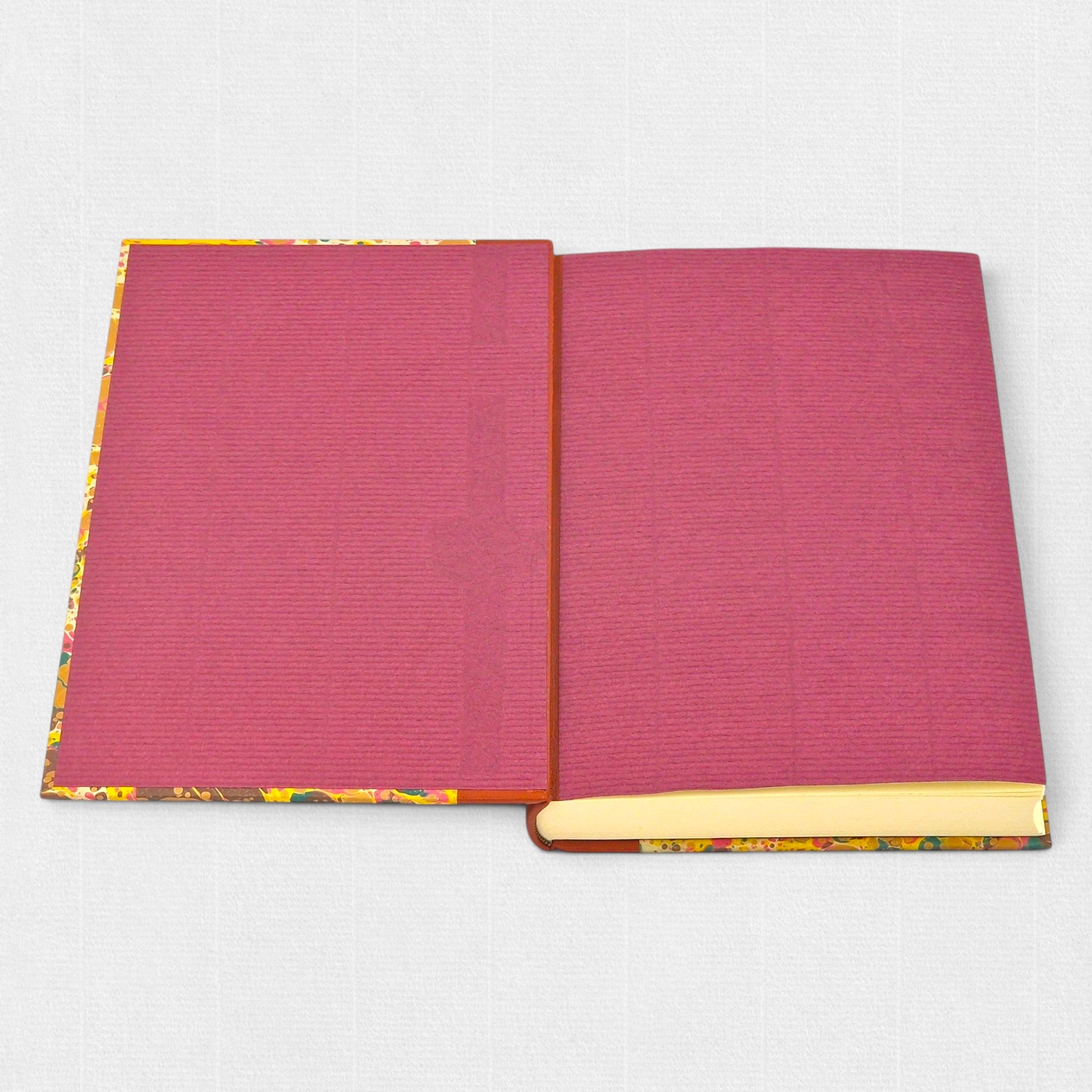 Samuel Johnson Rasselas fine press edition, interior binding detail with cloth joints, decorative endpapers and handcrafted bookbinding by Woodbank Press.
