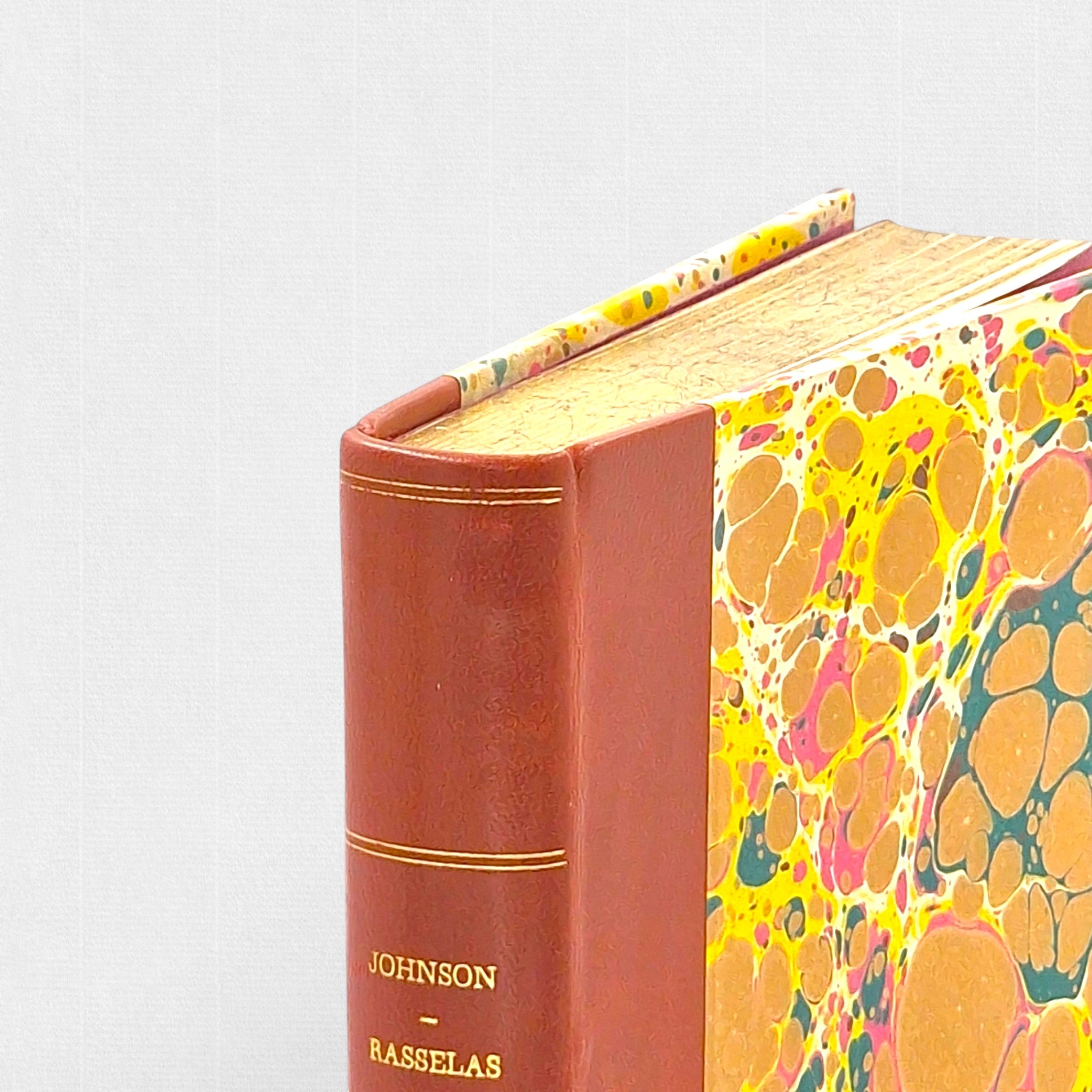 Samuel Johnson Rasselas fine press edition, hand-bound half-leather binding with gilt-lettered spine, marbled paper boards and traditional bookbinding by Woodbank Press.