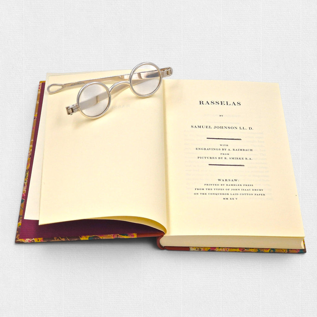Samuel Johnson Rasselas fine press edition, title page with Brunel Roman No. 2 type, Conqueror Laid cotton paper and traditional private press book design by Woodbank Press.