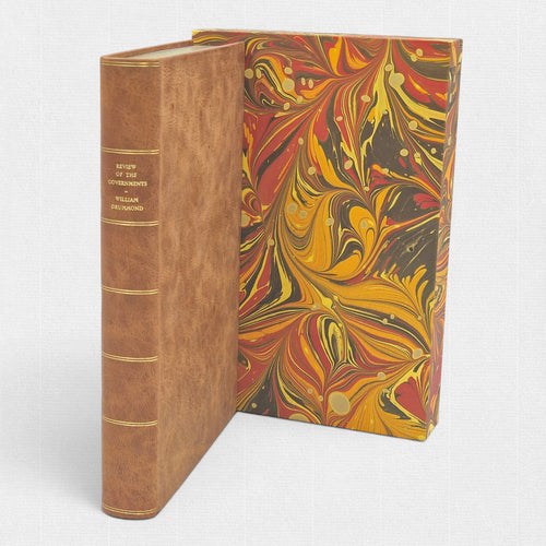 Fine press edition of A Review of the Governments of Sparta and Athens by Sir William Drummond, hand-bound in full leather and housed in a marbled slipcase, published by Woodbank Press.