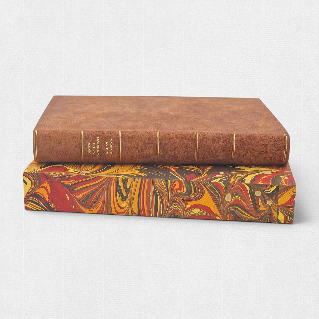 Limited fine press edition of A Review of the Governments of Sparta and Athens by Sir William Drummond, hand-bound in full leather with gilt-lettered spine and bespoke marbled slipcase by Woodbank Press.