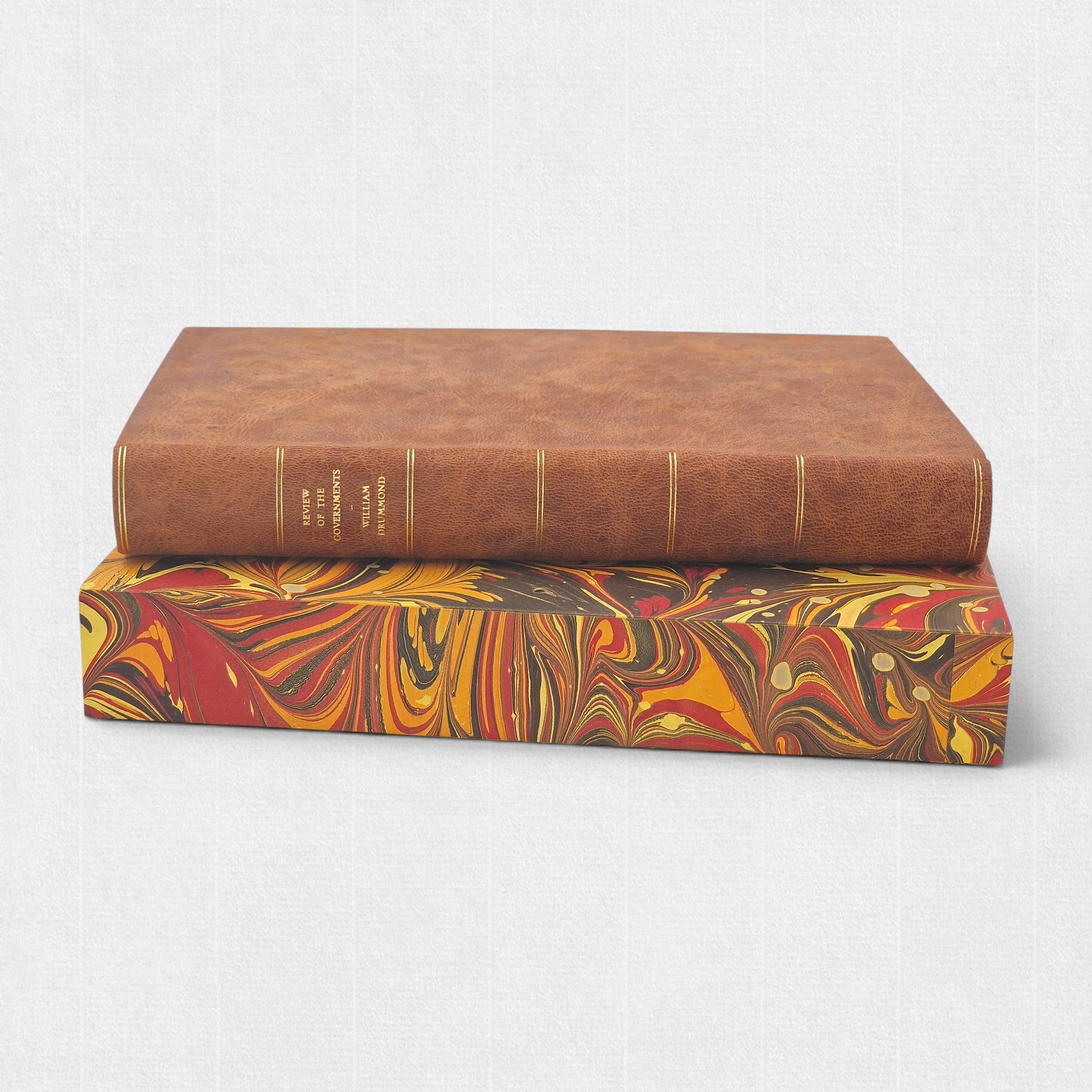 Limited fine press edition of A Review of the Governments of Sparta and Athens by Sir William Drummond, hand-bound in full leather with gilt-lettered spine and bespoke marbled slipcase by Woodbank Press.