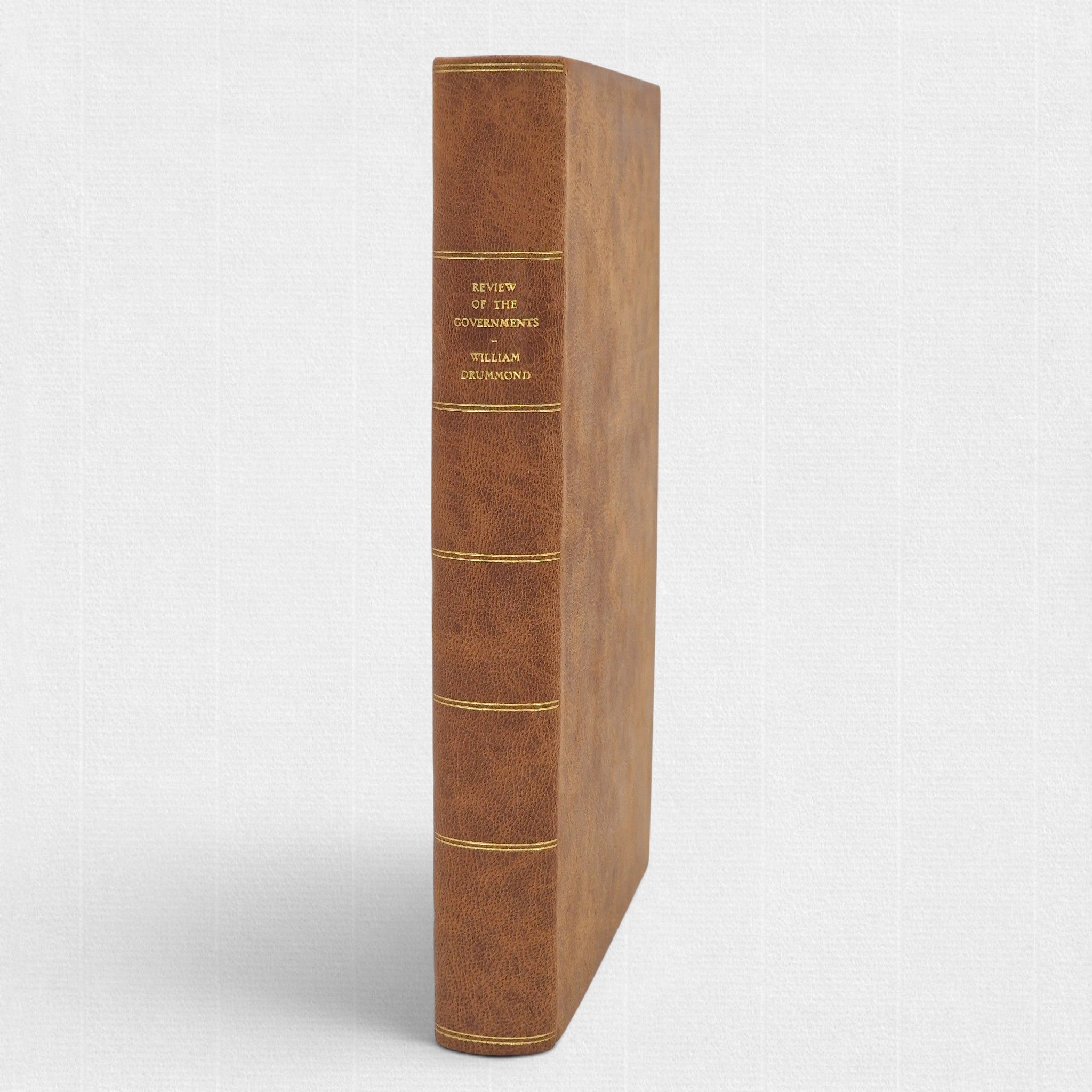 Full leather binding of A Review of the Governments of Sparta and Athens by Sir William Drummond, fine press edition by Woodbank Press with gilt-lettered spine.