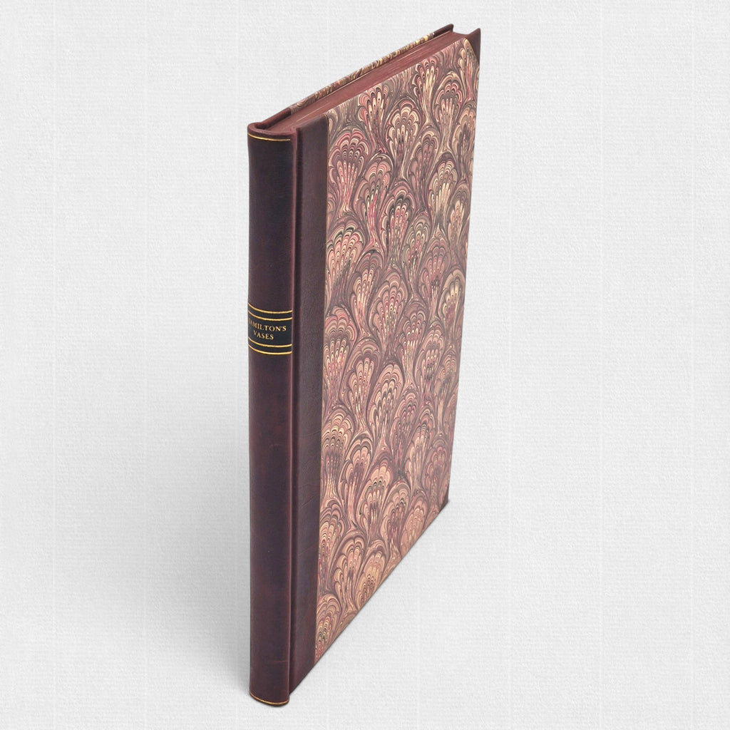 Hand-bound leather and marbled paper binding of Hamilton’s Vases by Woodbank Press.
