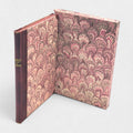 Open marbled slipcase with leather-bound Hamilton’s Vases, handcrafted by Woodbank Press.