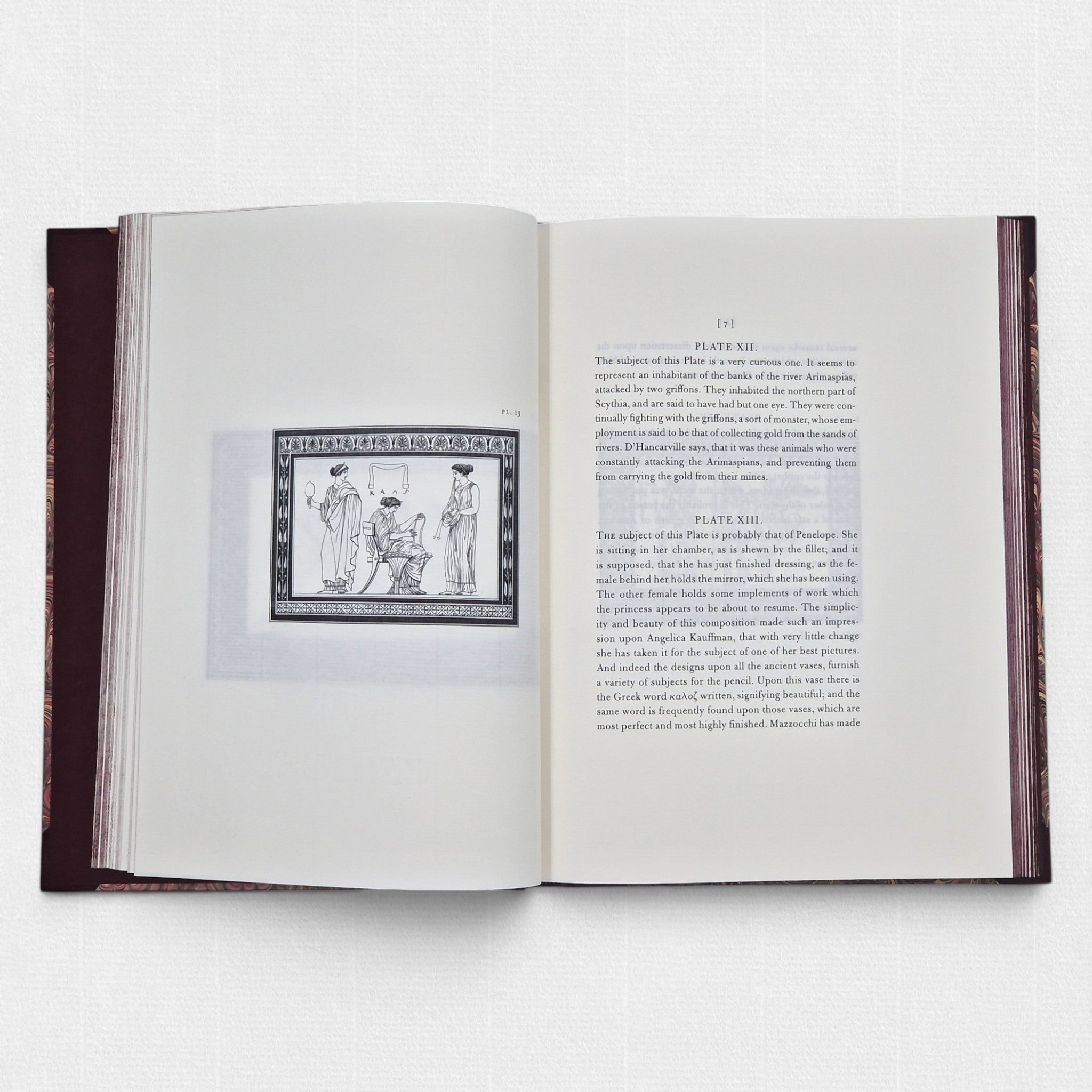 Interior spread of Hamilton’s Vases by Woodbank Press with engraved Greek vase illustrations and accompanying text.